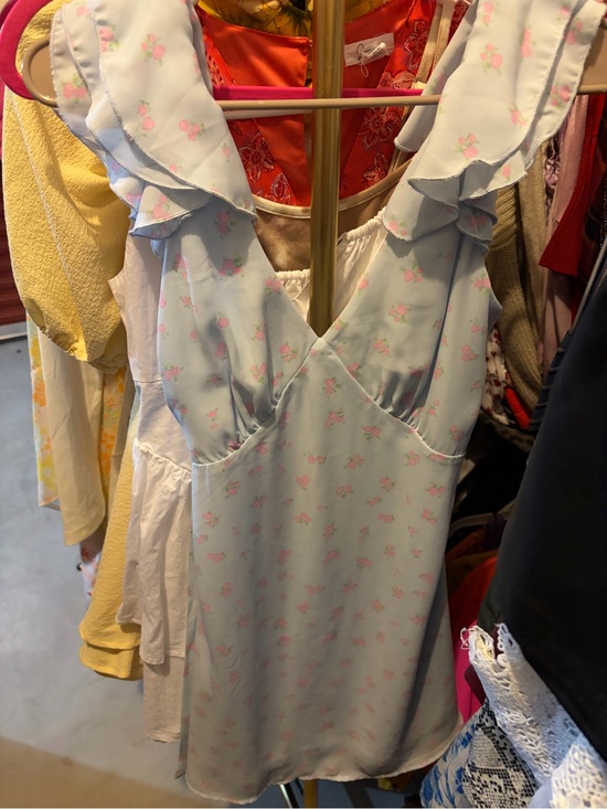 Altar'd State Dresses & Skirts - Altar'd State Light Blue Mini Dress Pink Floral Ruffle Straps